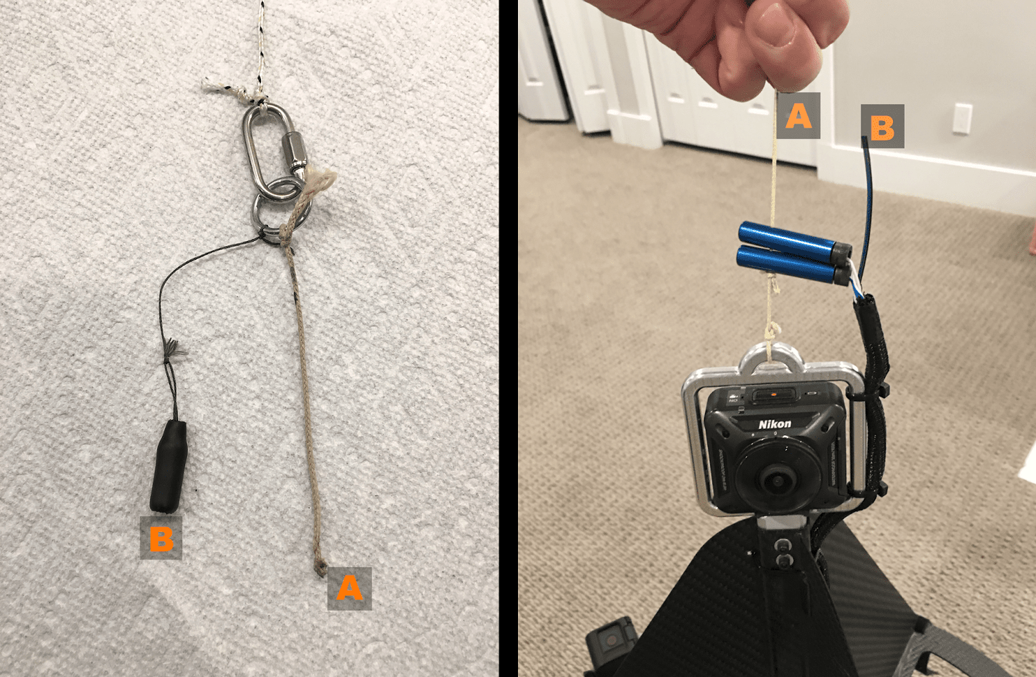 String A ties to the HAPP tether ring in the right frame. Cap B goes over a photoresistor which is not yet present at B in the right pane. Blue cylinders are the cutdown pyros.