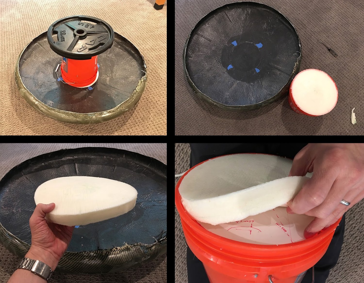 Clockwise from top left: (1) Holding mold in pace while foam expands; (2) Removing mold from aeroshell; (3) De-molding the foam pad; (4) Finished pad after trimming flash.