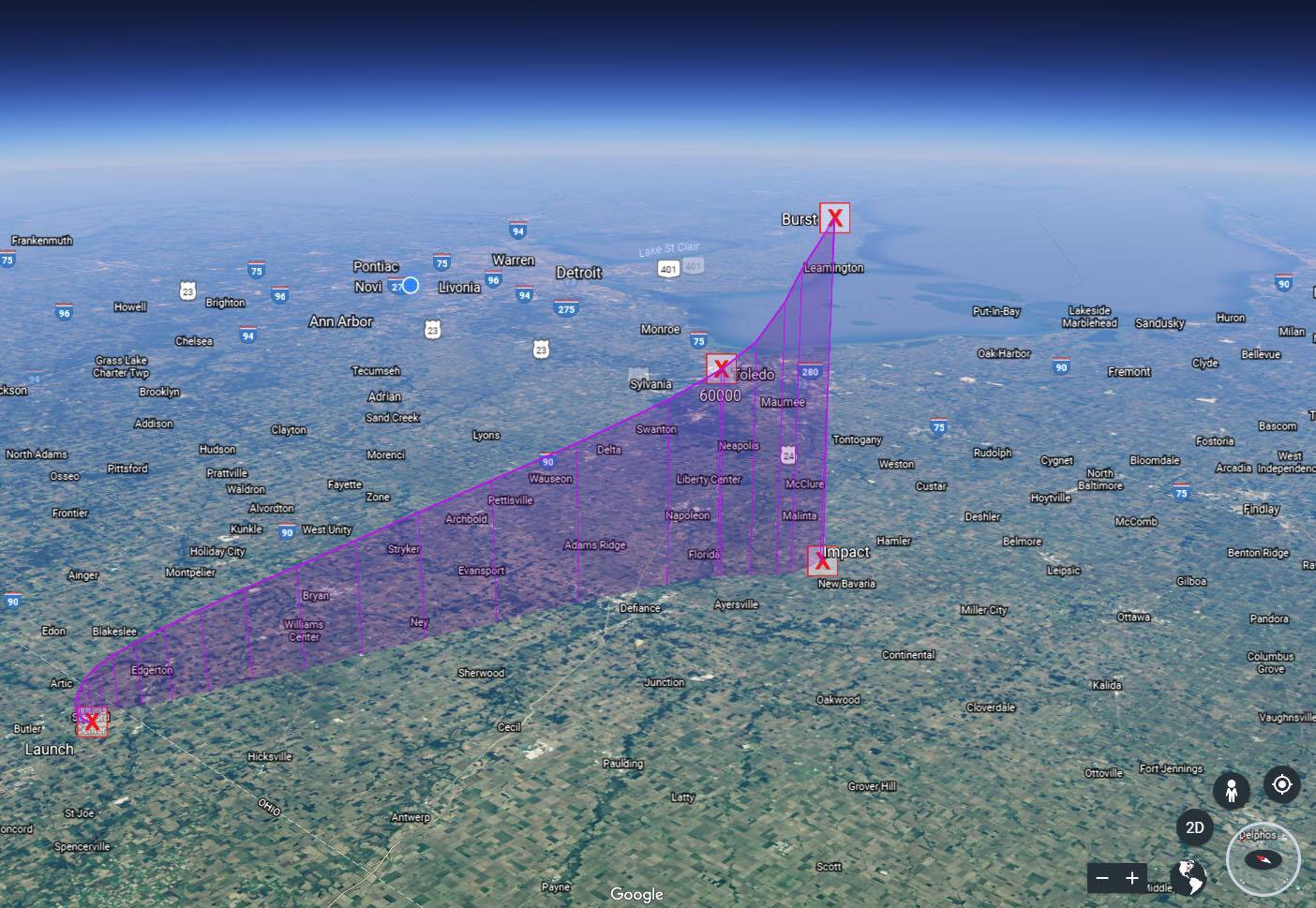 Flight path simulation imported into Google Earth. This is approximately the view from the HAPP at apogee.
