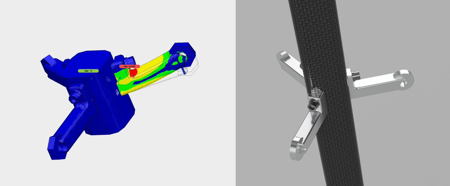 Parachute tether assembly. FEA analysis of chute opening shock (left), assembly installed in the main strut (right).