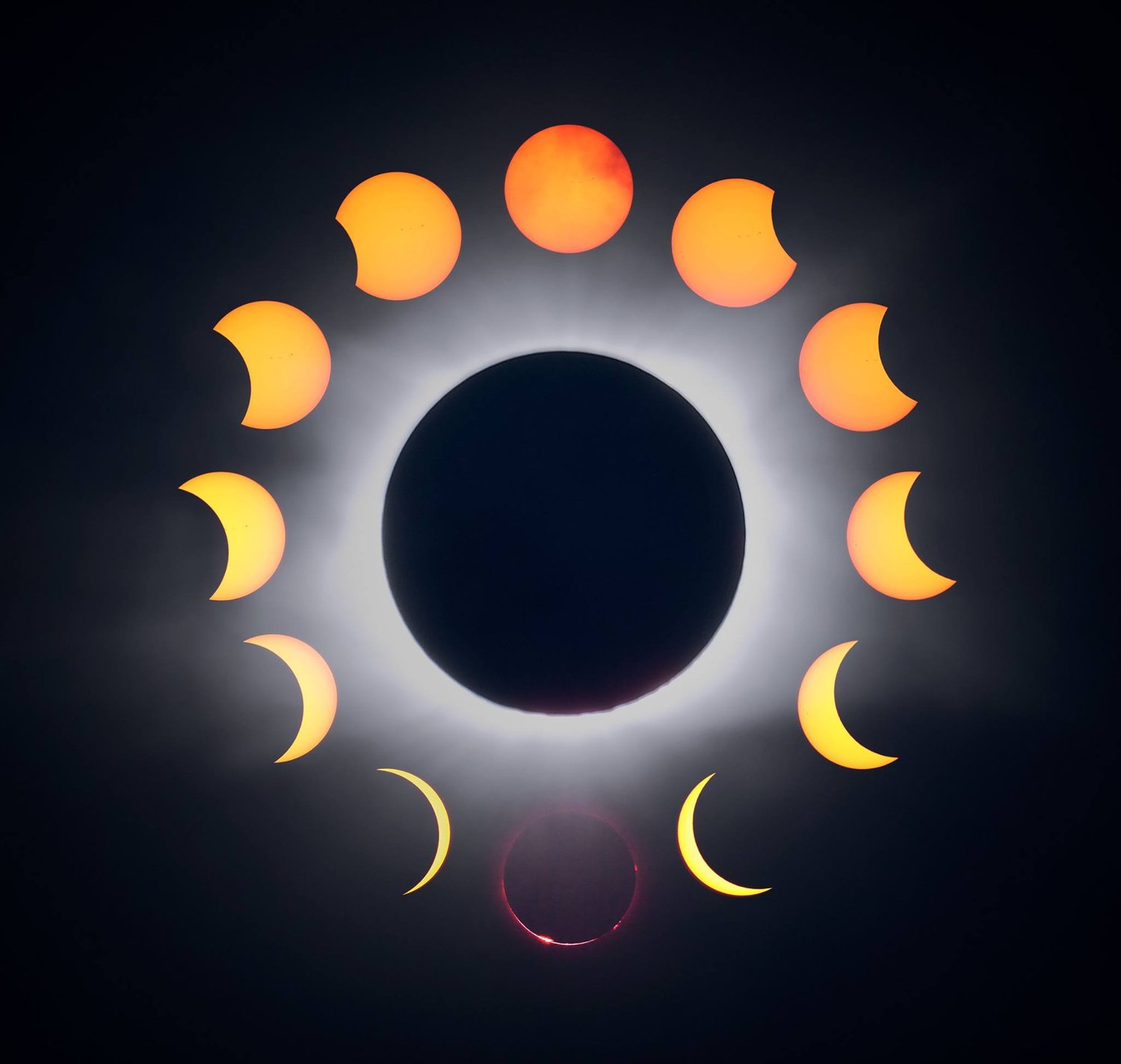 Collage showing phases of the eclipse, clockwise from the top. Moment of totality and coronal highlights shown in the center.&nbsp;©&nbsp;2017 Christopher Couch