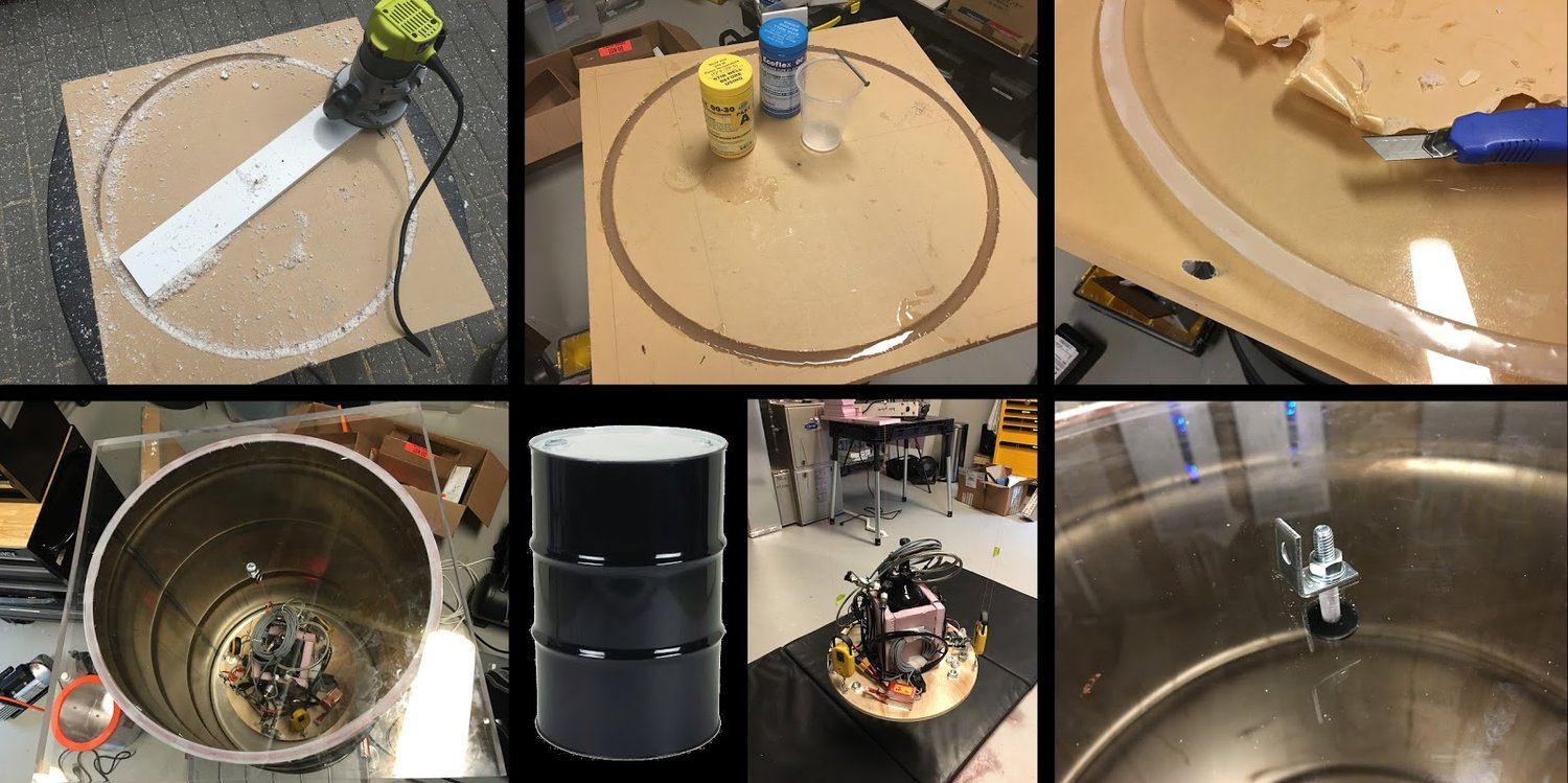 Clockwise from top left: Router and protractor on plexiglass slab;&nbsp; Pouring RTV silicon into the trough;&nbsp; Peeling away protective masking;&nbsp; Attaching hangar for monofilament;&nbsp; New compact test apparatus;&nbsp; Steel drum;&nbsp; A…