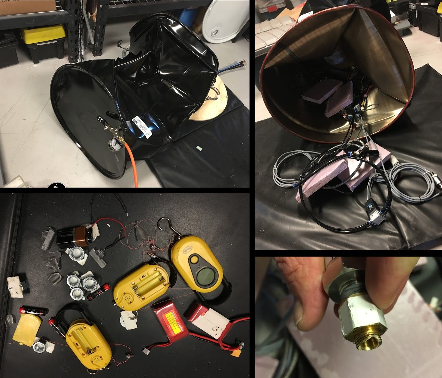 From clockwise at top left: Imploded steel drum;&nbsp; Contents barfed out of the drum;&nbsp; Pressure fitting sheared off;&nbsp; Bits and pieces of the apparatus &amp; nozzles.&nbsp;Glad those red LiPo cells didn't go nuclear!