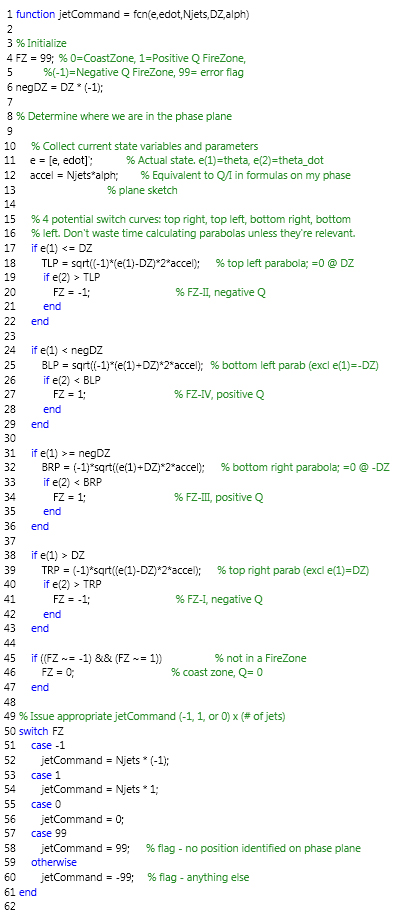 Implementation of phase-plane control law for one axis.Inputs:&nbsp;State variables (e, edot), Jets per spin direction (N=2), Allowable deadzone (DZ), Jet moment divided by inertia tensor (alph).Inspired by Gran (2007)&nbsp;Ch. 9 but different logic…