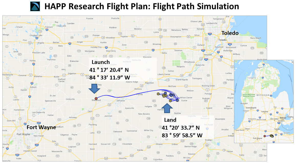 Example of flight path simulation submitted to the FAA. The multiple predicted paths are various runs in a Monte Carlo simulation.